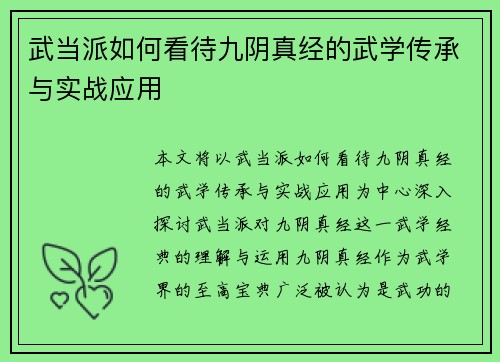 武当派如何看待九阴真经的武学传承与实战应用